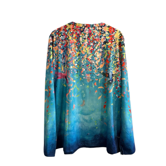 Misslook Hippie Party Tee Shirt Tunic Blouse Womens XL Blue Hummingbird Confetti - Picture 7 of 16